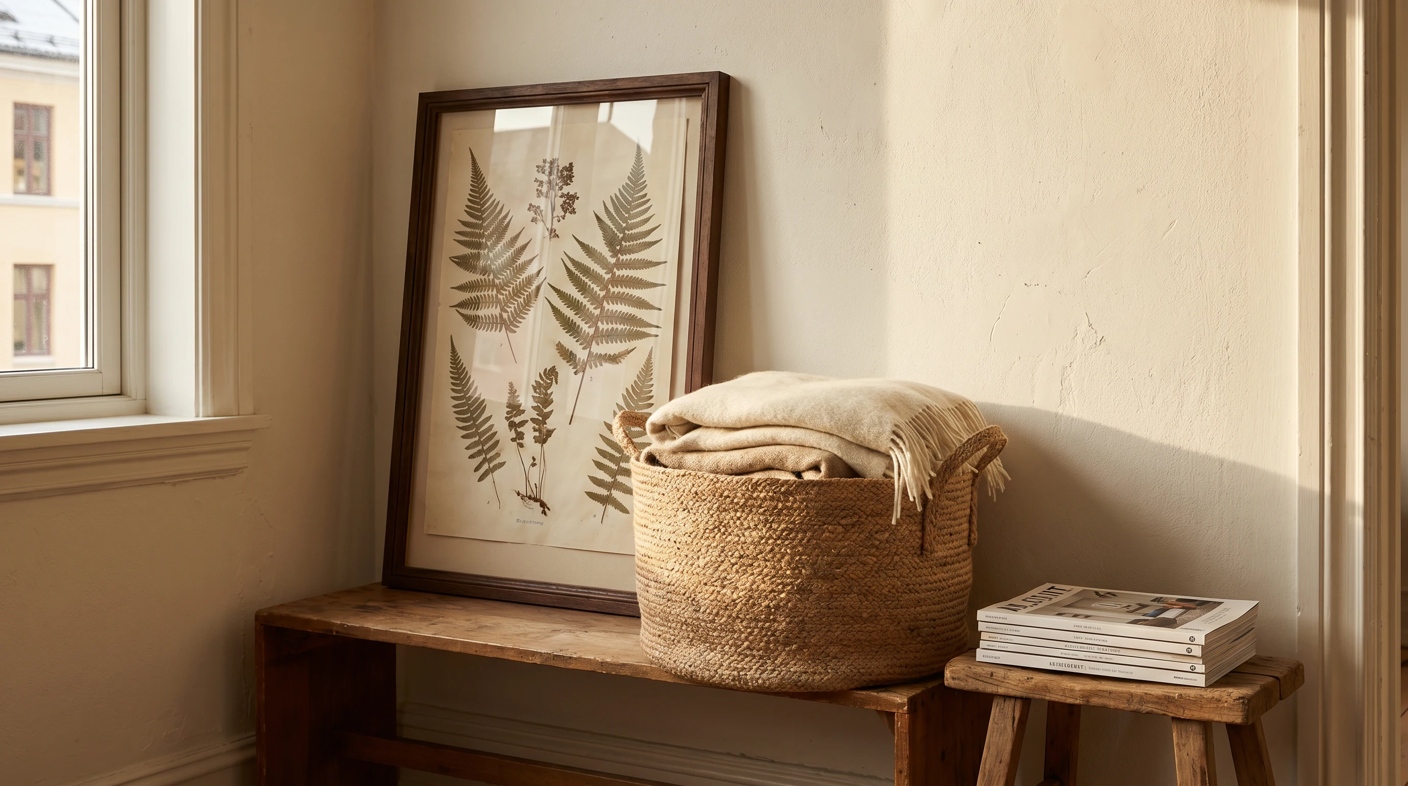Framed art, basket storage, and magazines arranged on a once-awkward living room wall