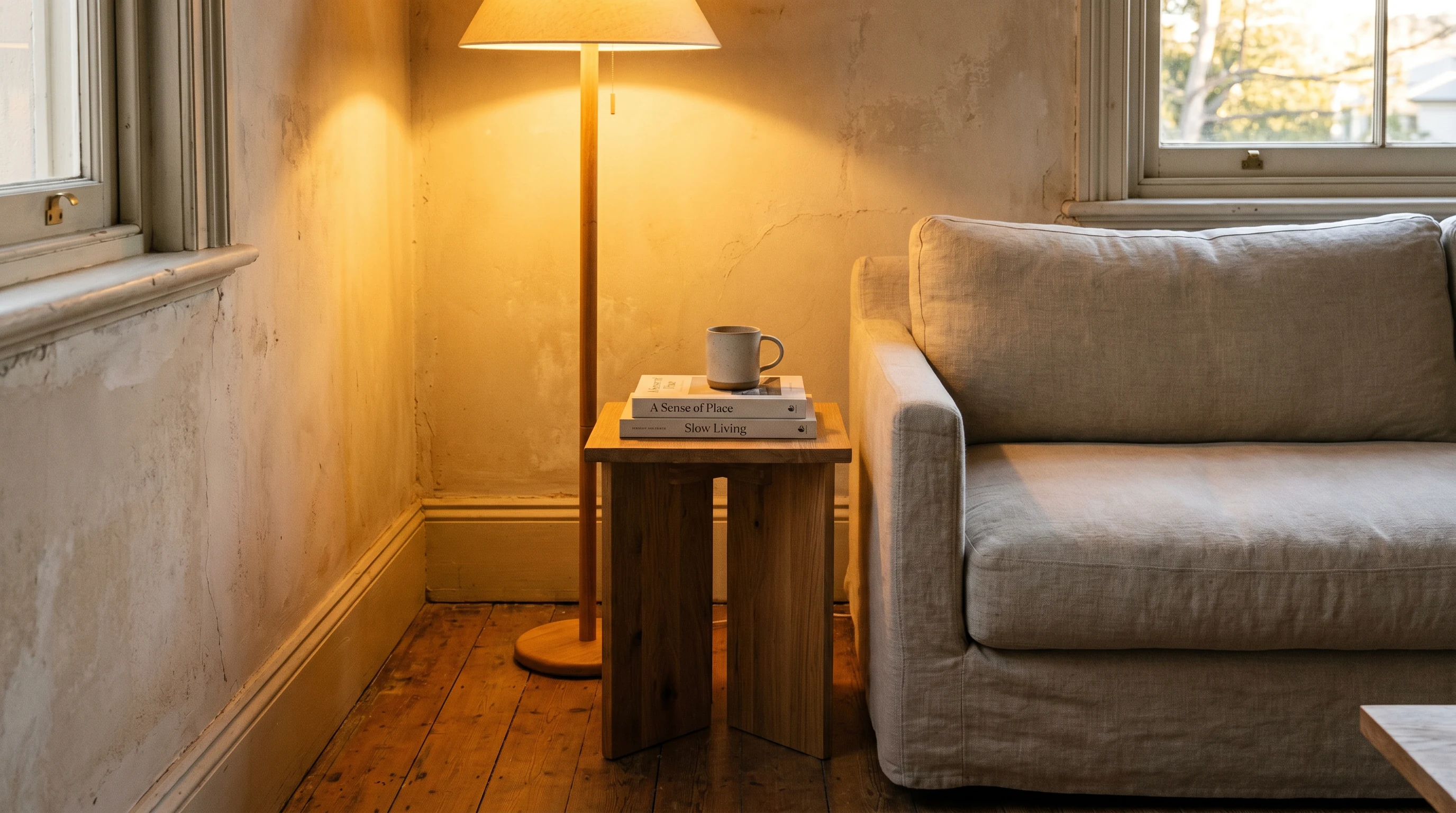 A narrow side table and warm floor lamp beside a sofa in a small living room
