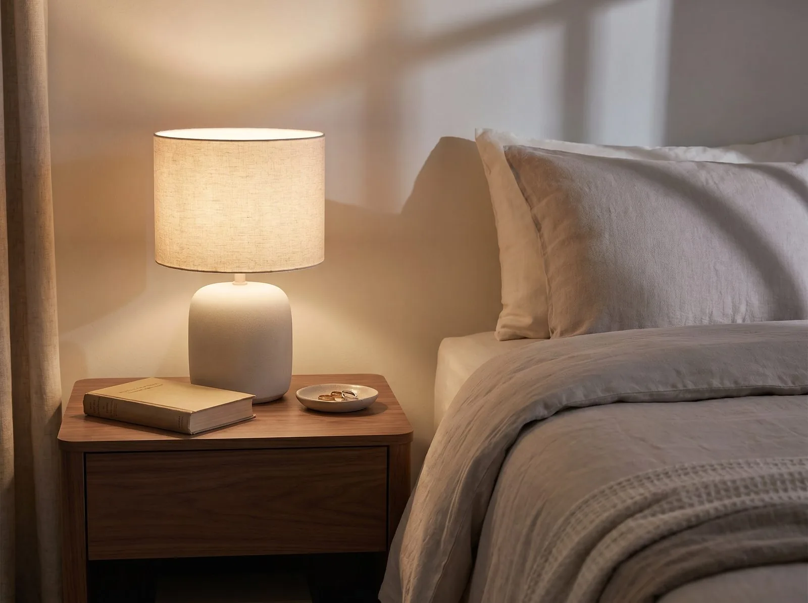 Warm lamp glow with books and a calm nightstand arrangement