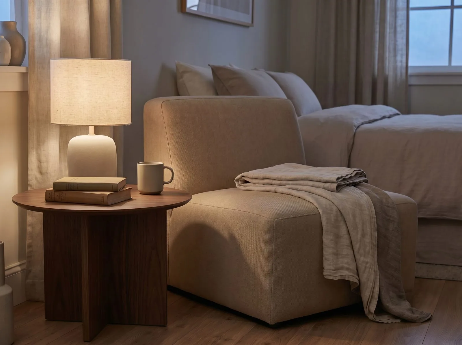 Softly lit reading chair in a small bedroom wind-down corner