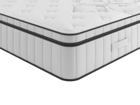 Close-up official Bensons for Beds pocket-sprung mattress showing the layered edge and handles