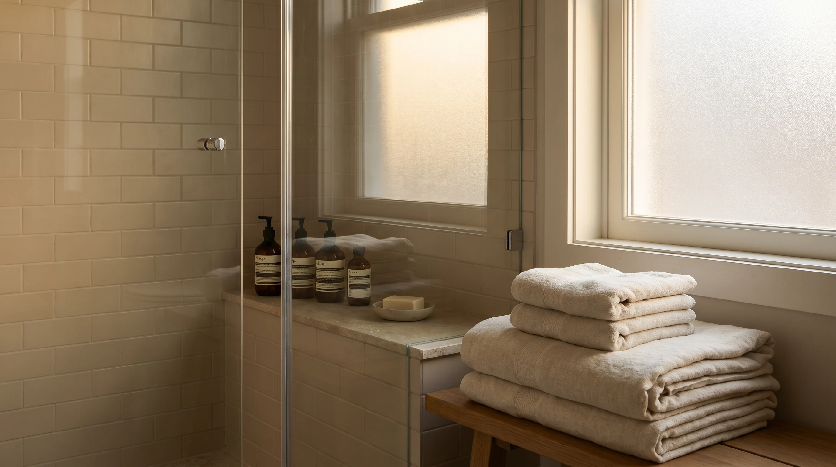 Folded towel, simple bottles, and a quiet bathroom corner beside the shower
