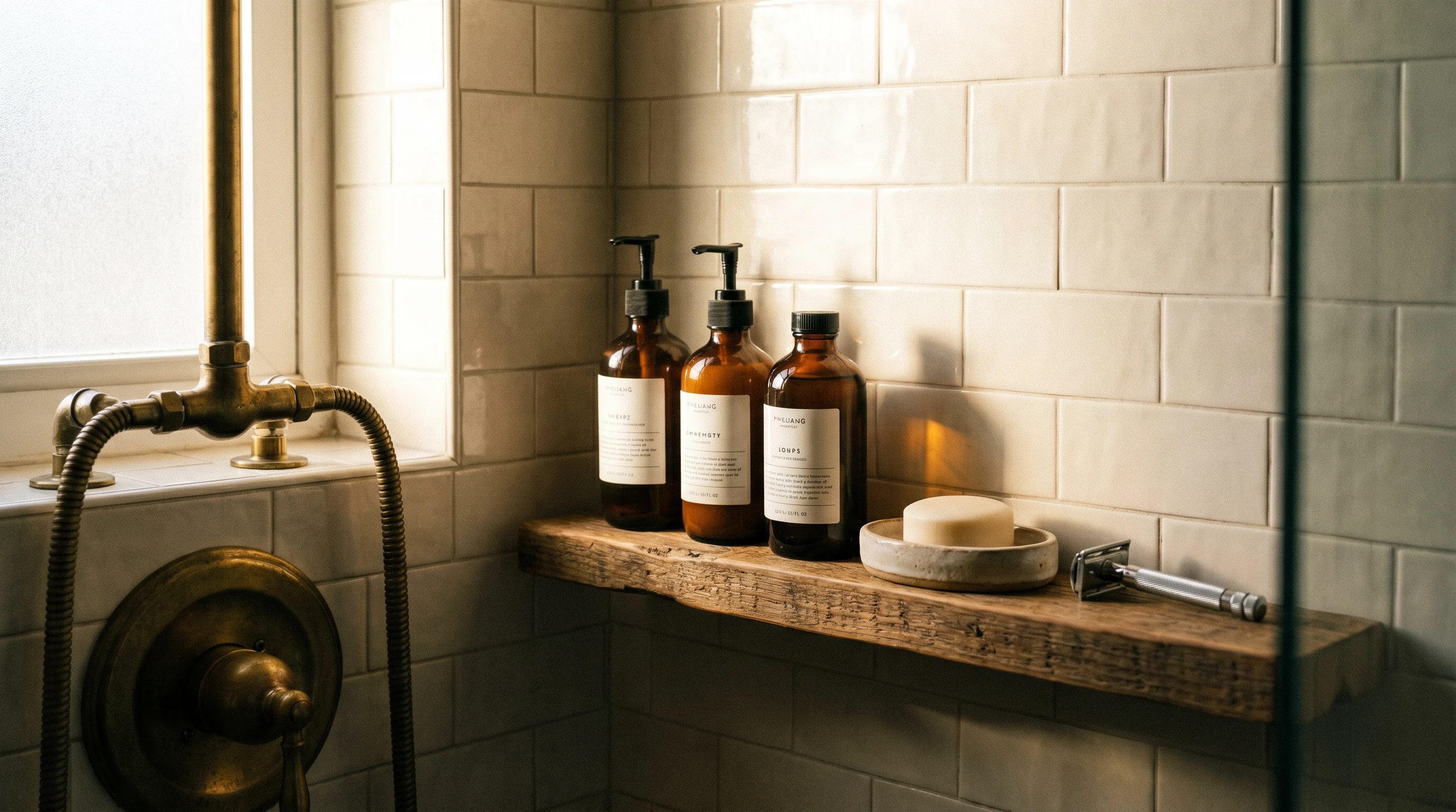 Orderly shower shelf with matching bottles and simple bath essentials