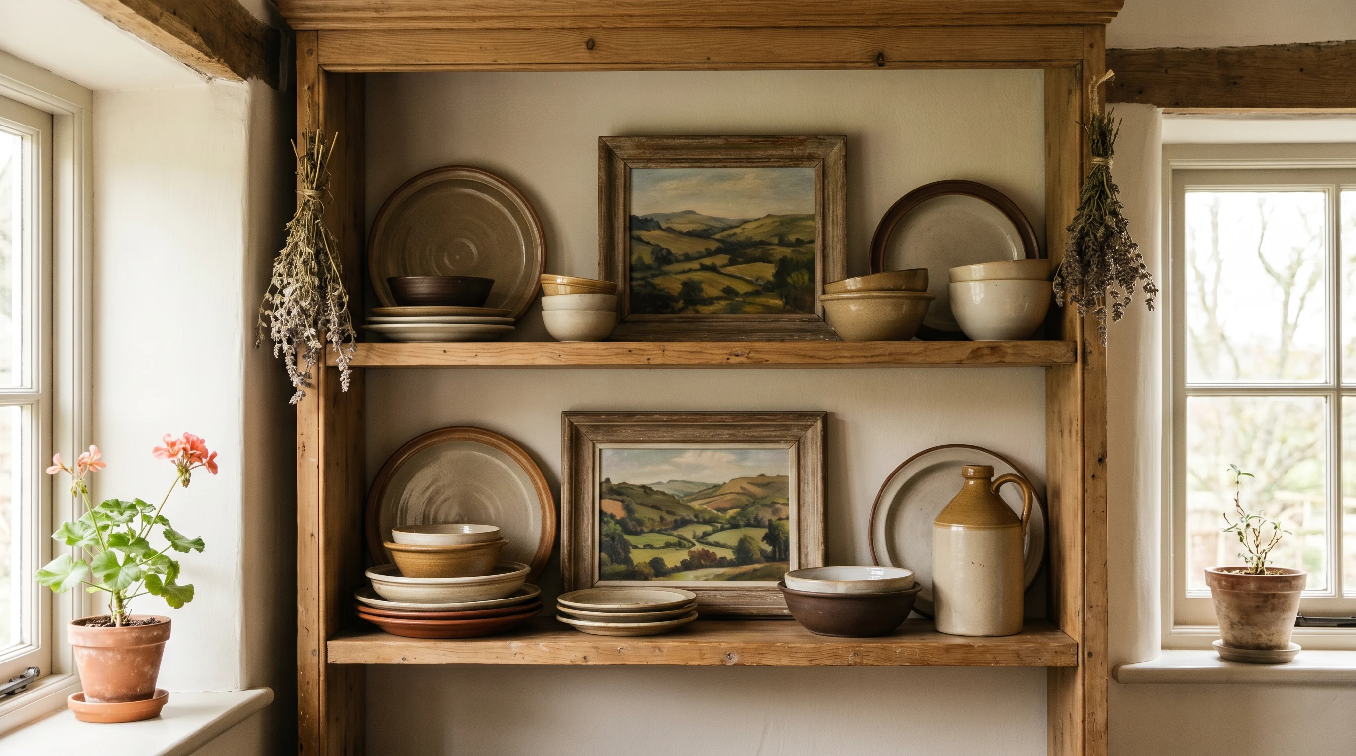 Open shelf with ceramic dishes, a framed painting, and breathing room between objects