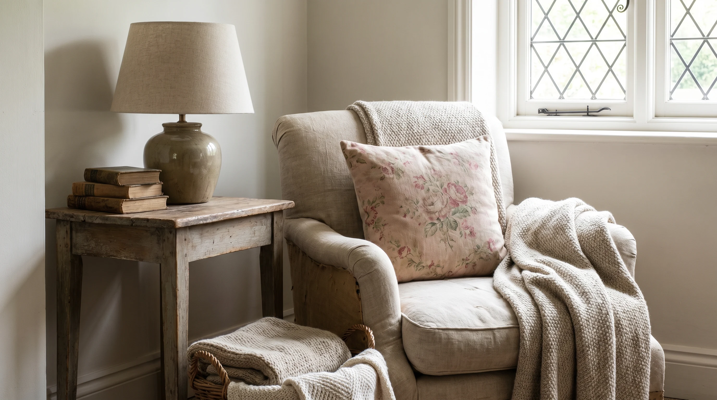 Floral cushion, old wooden side table, and soft neutral sofa in a cottage-inspired room