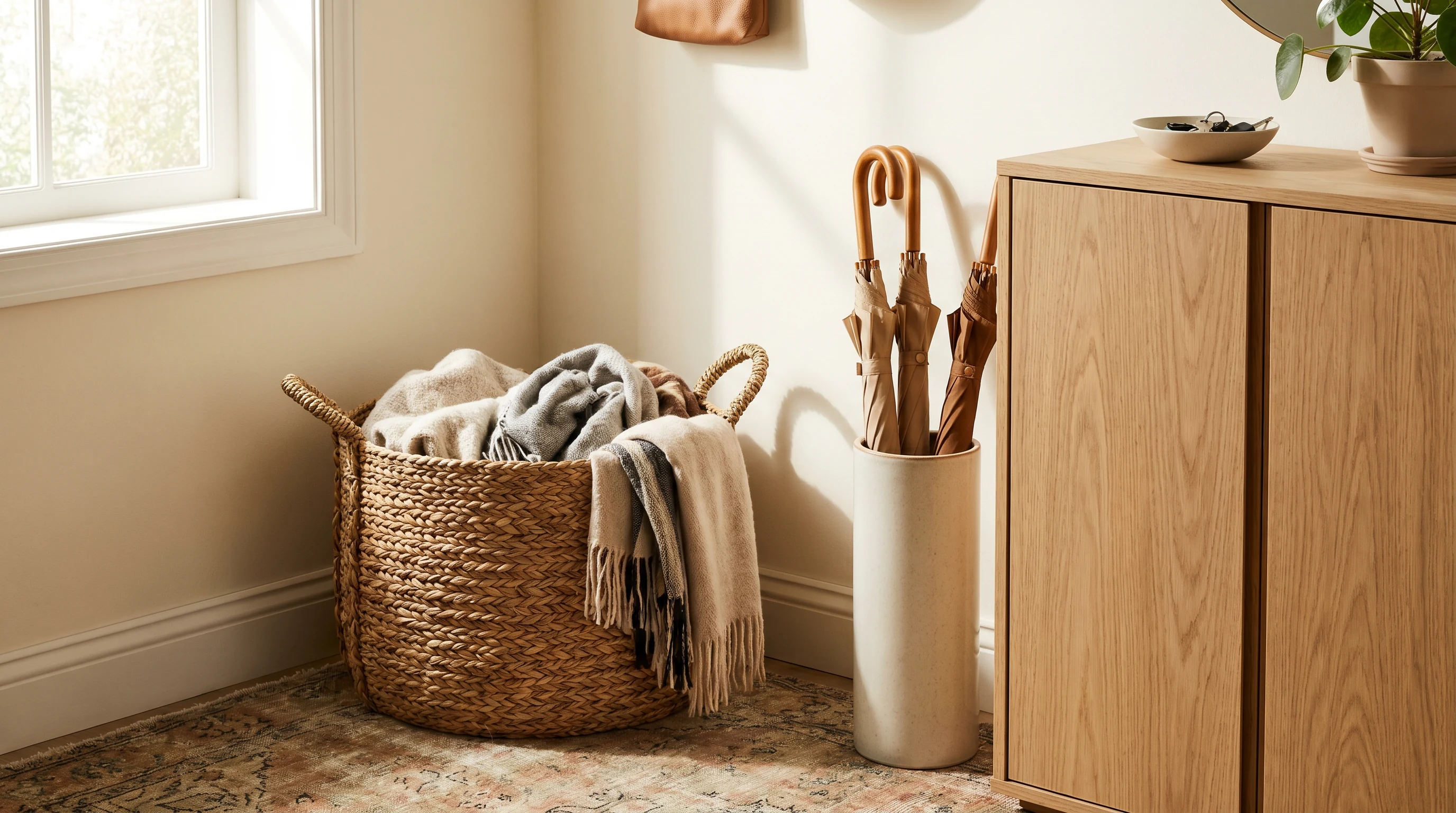 Umbrella stand, basket, and shoe storage arranged in a tidy apartment entryway
