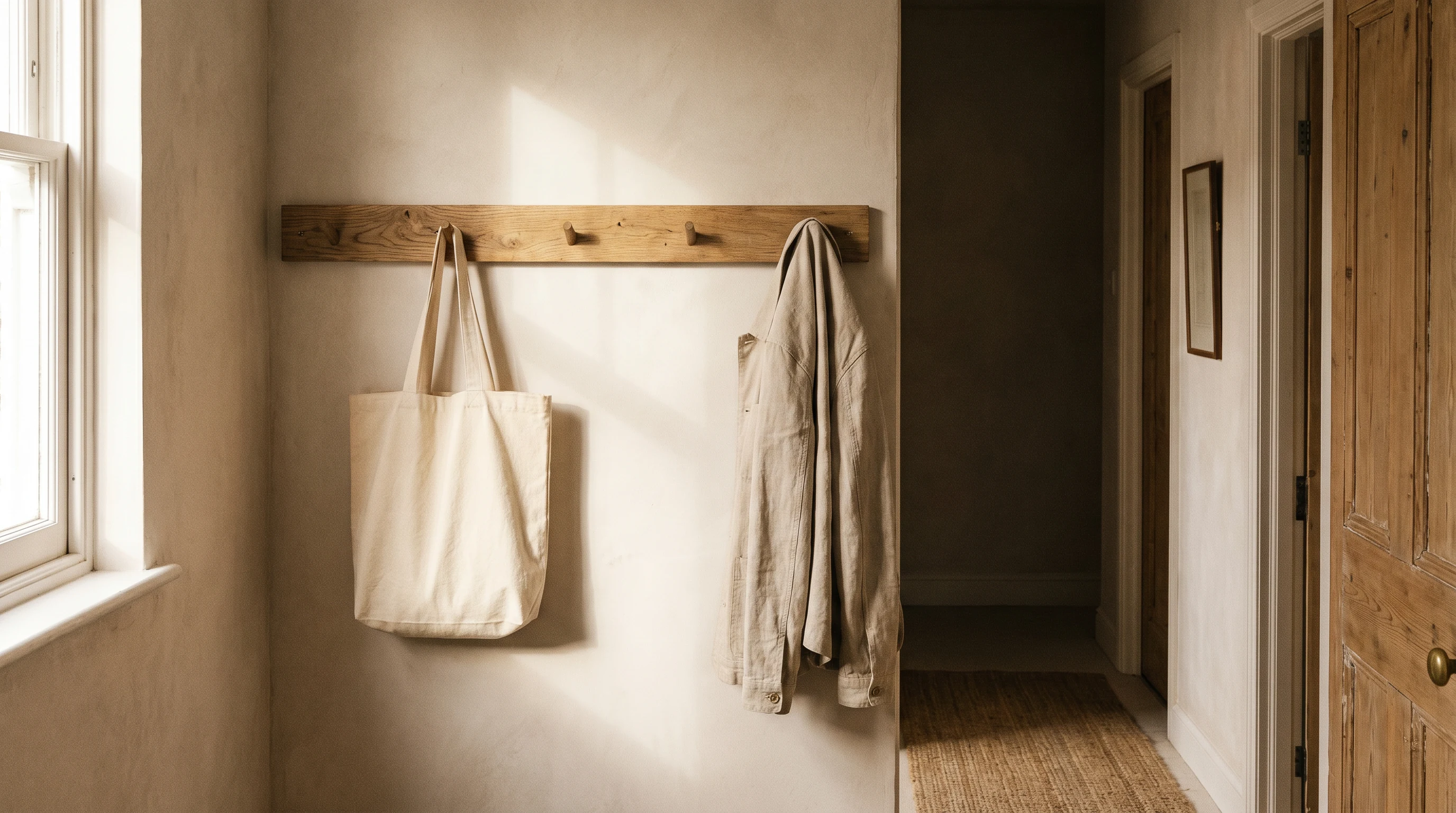 Wall hook rail with tote bag, light jacket, and keys in a small apartment entryway