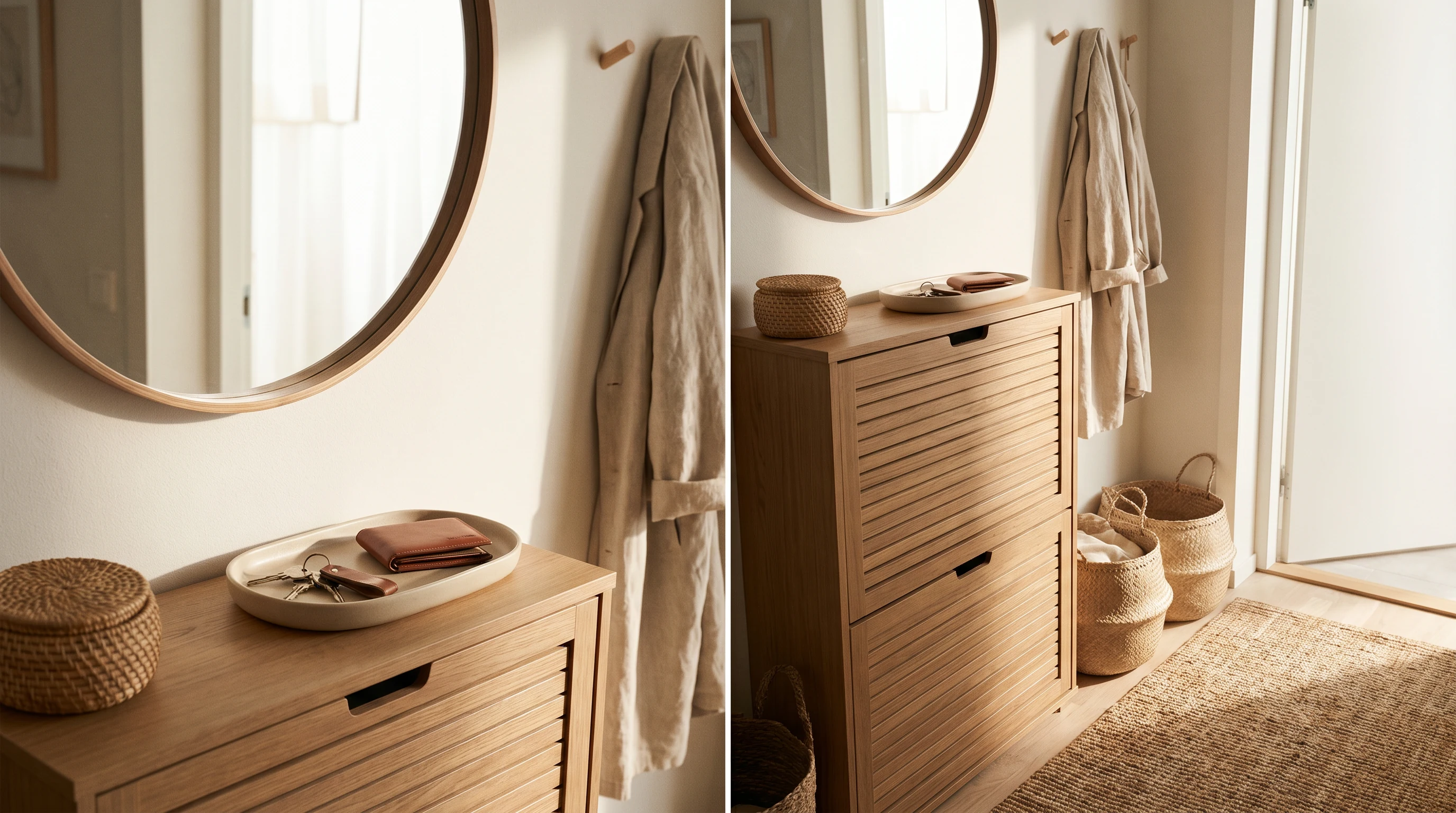 Small entryway mirror above a tray and closed shoe cabinet