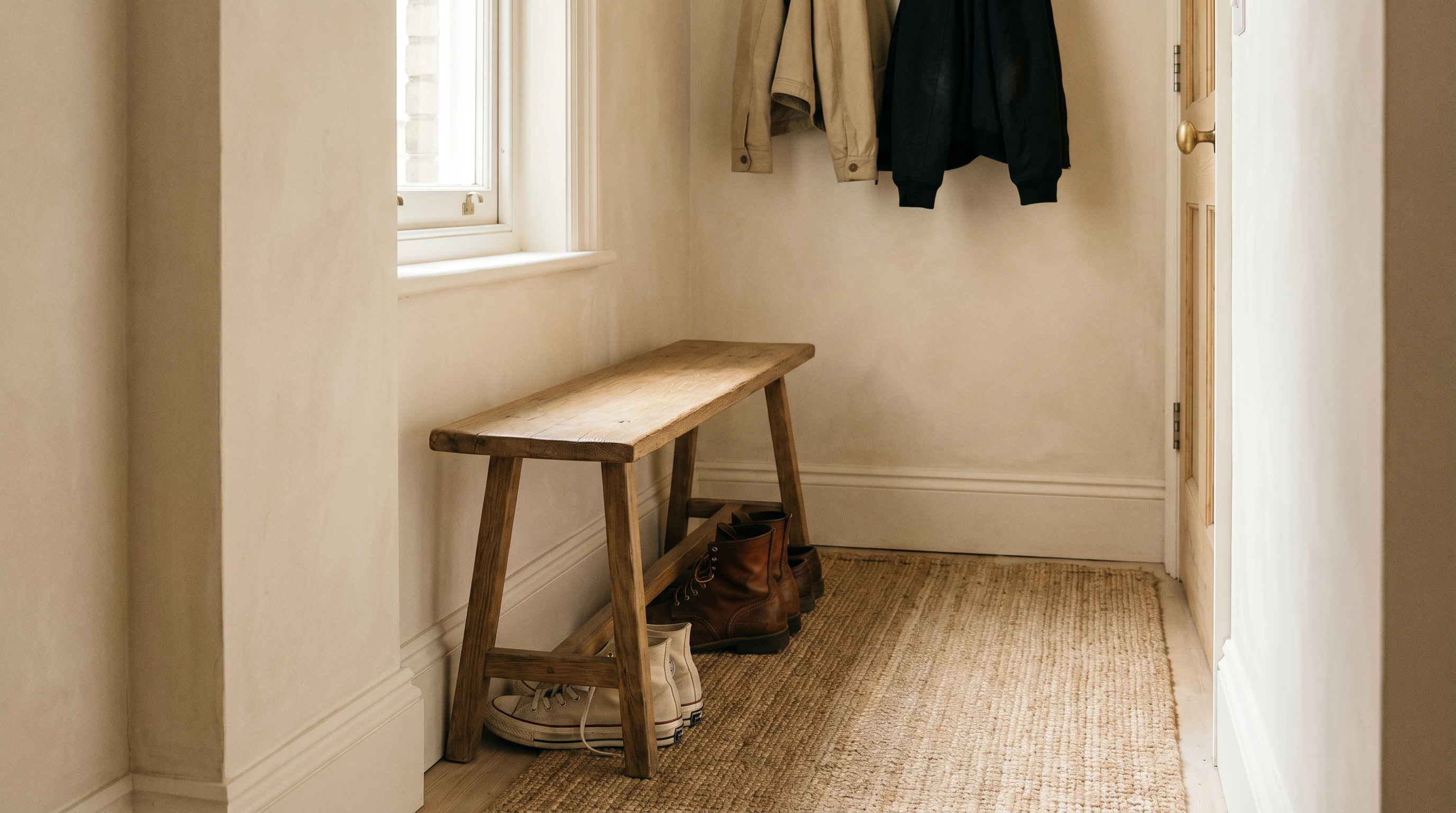 Narrow wooden bench with shoes tucked beneath it in a compact apartment entry