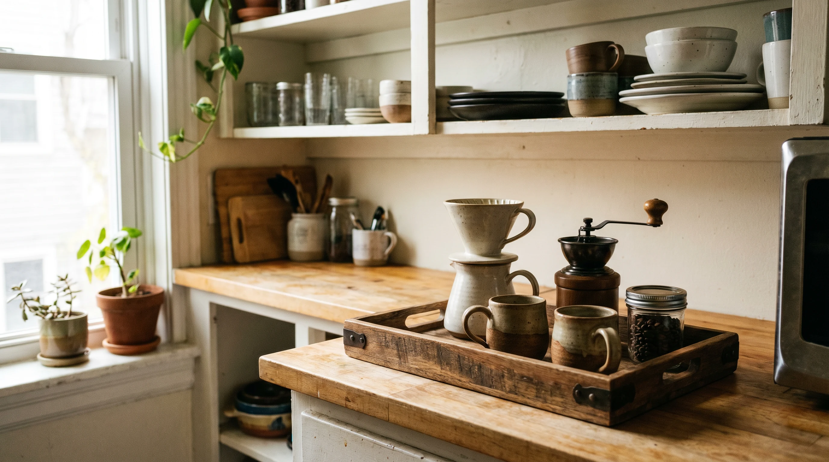 A compact coffee corner with tray, mugs, and kettle in a small rental kitchen