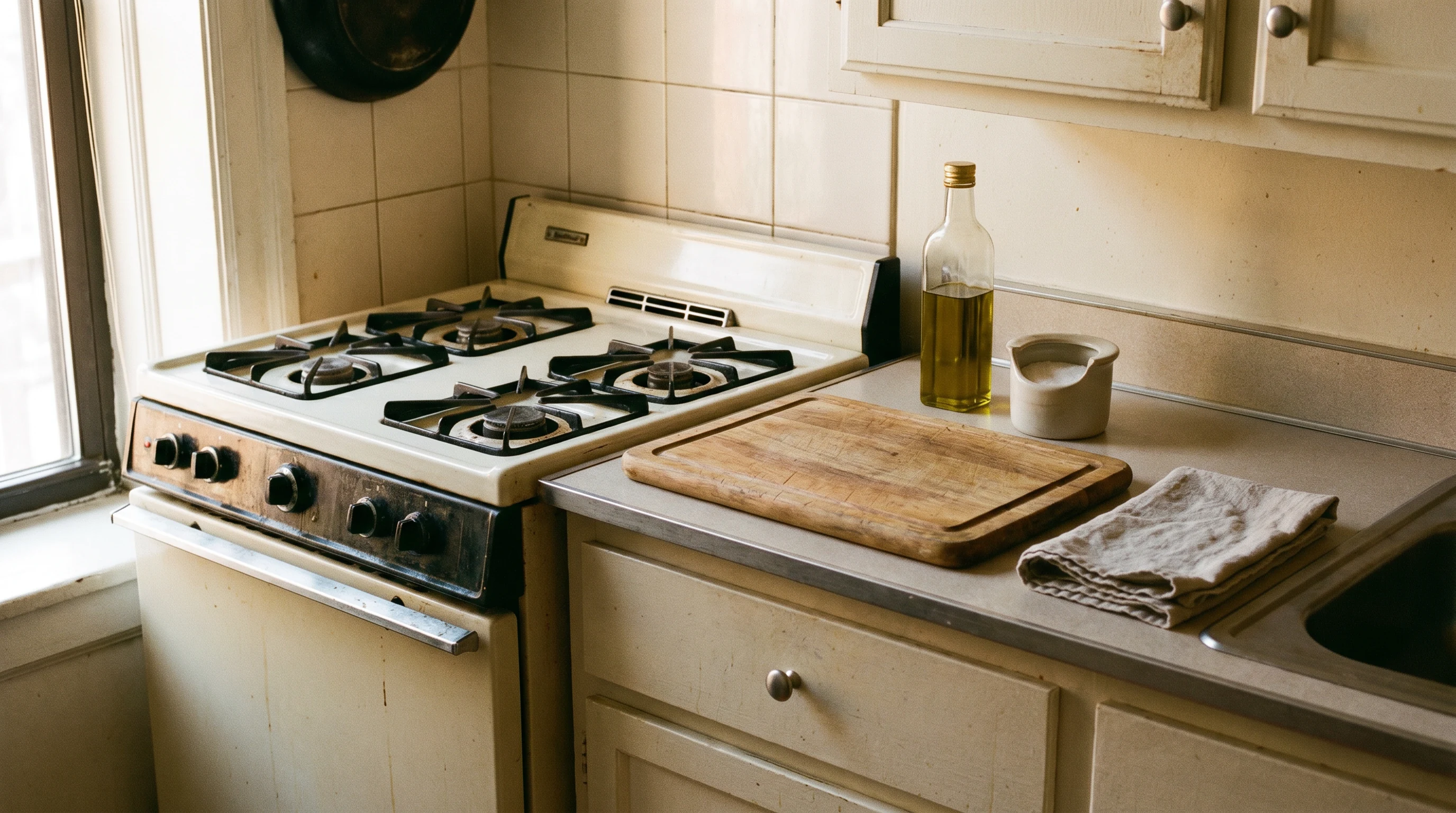 Clear prep space beside the stove with cutting board, oil, and salt placed within reach