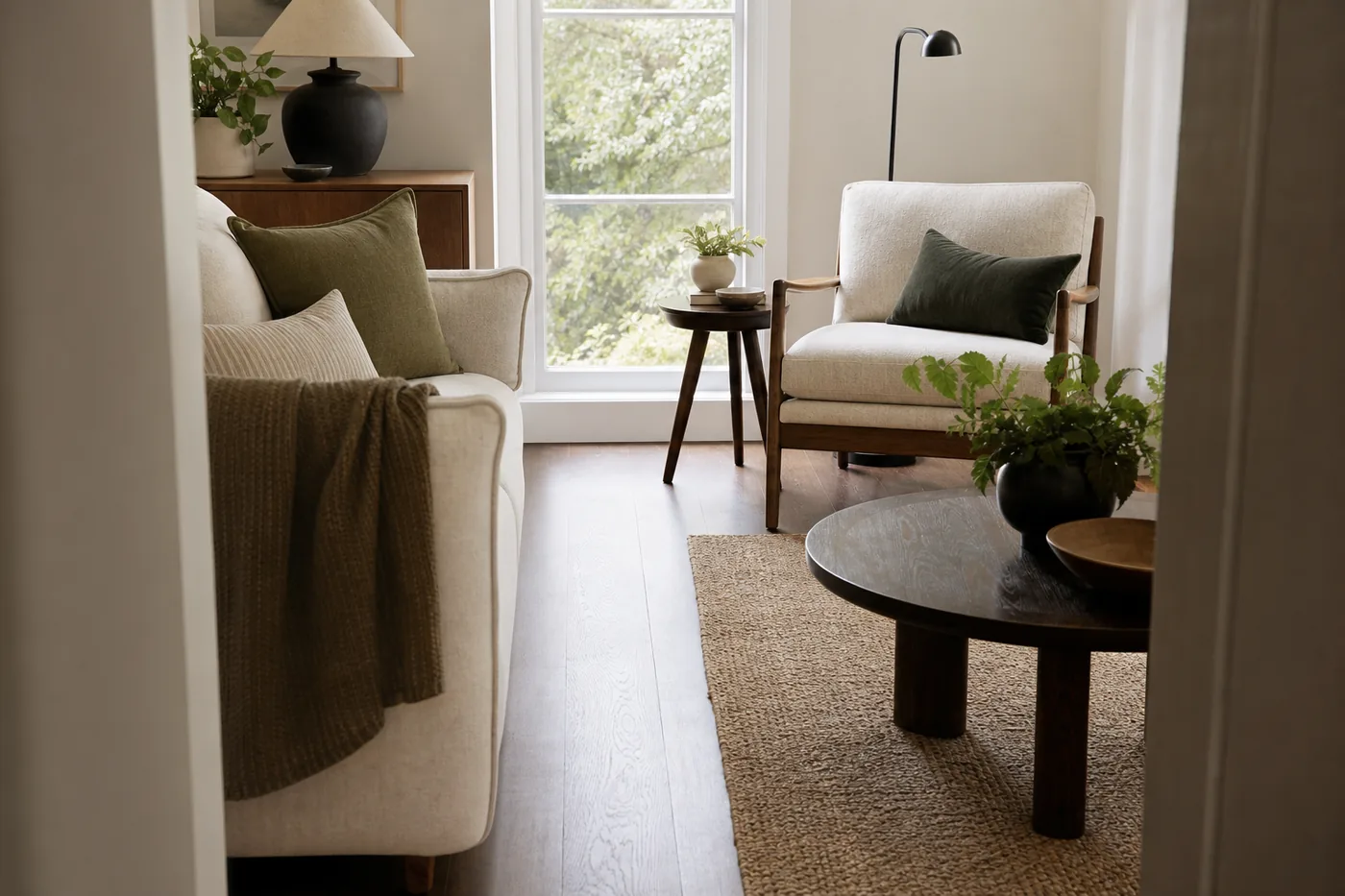 A compact living room arranged with a clear walkway, reading chair, side table, and warm floor lamp