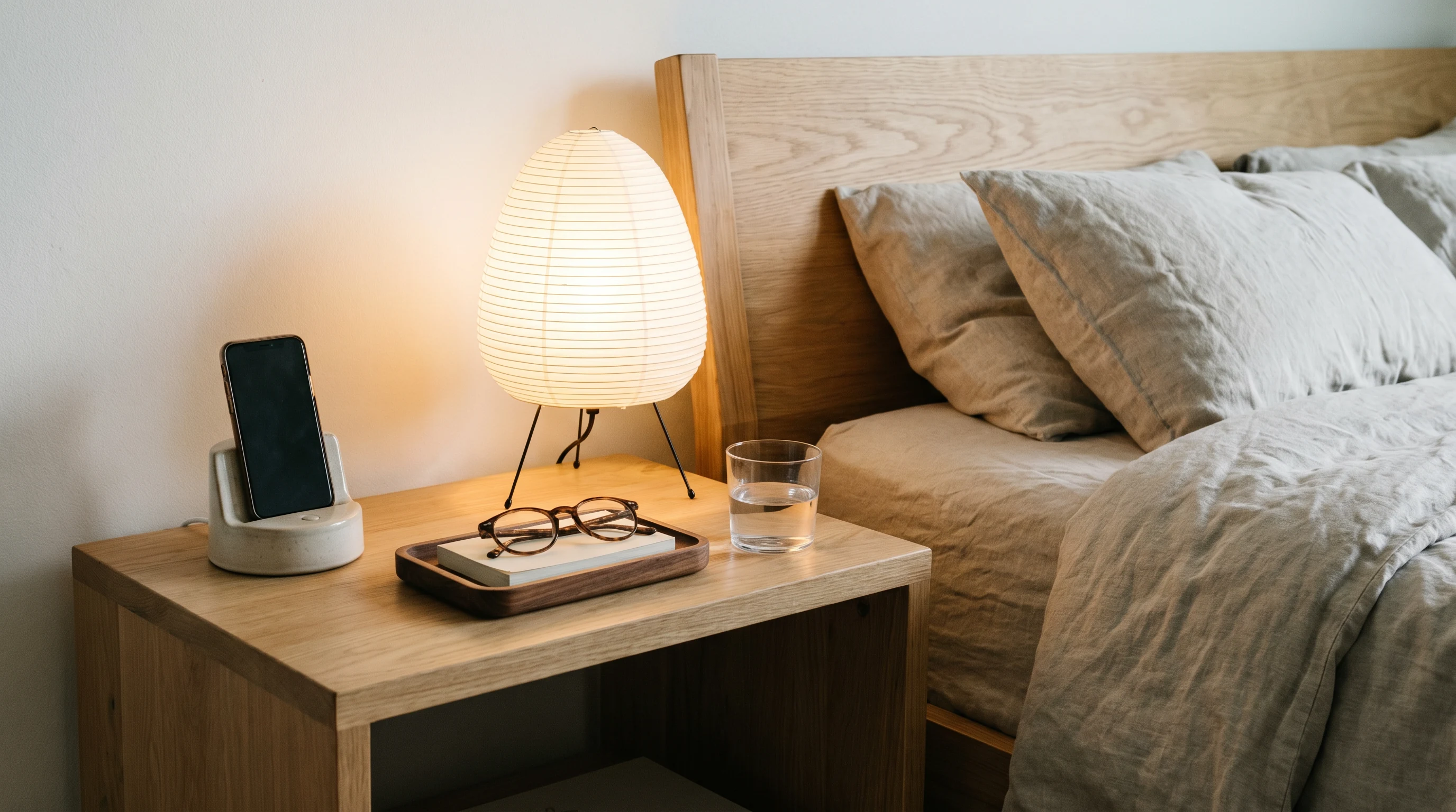 A neat charging dock and tray arrangement on a calm bedside table