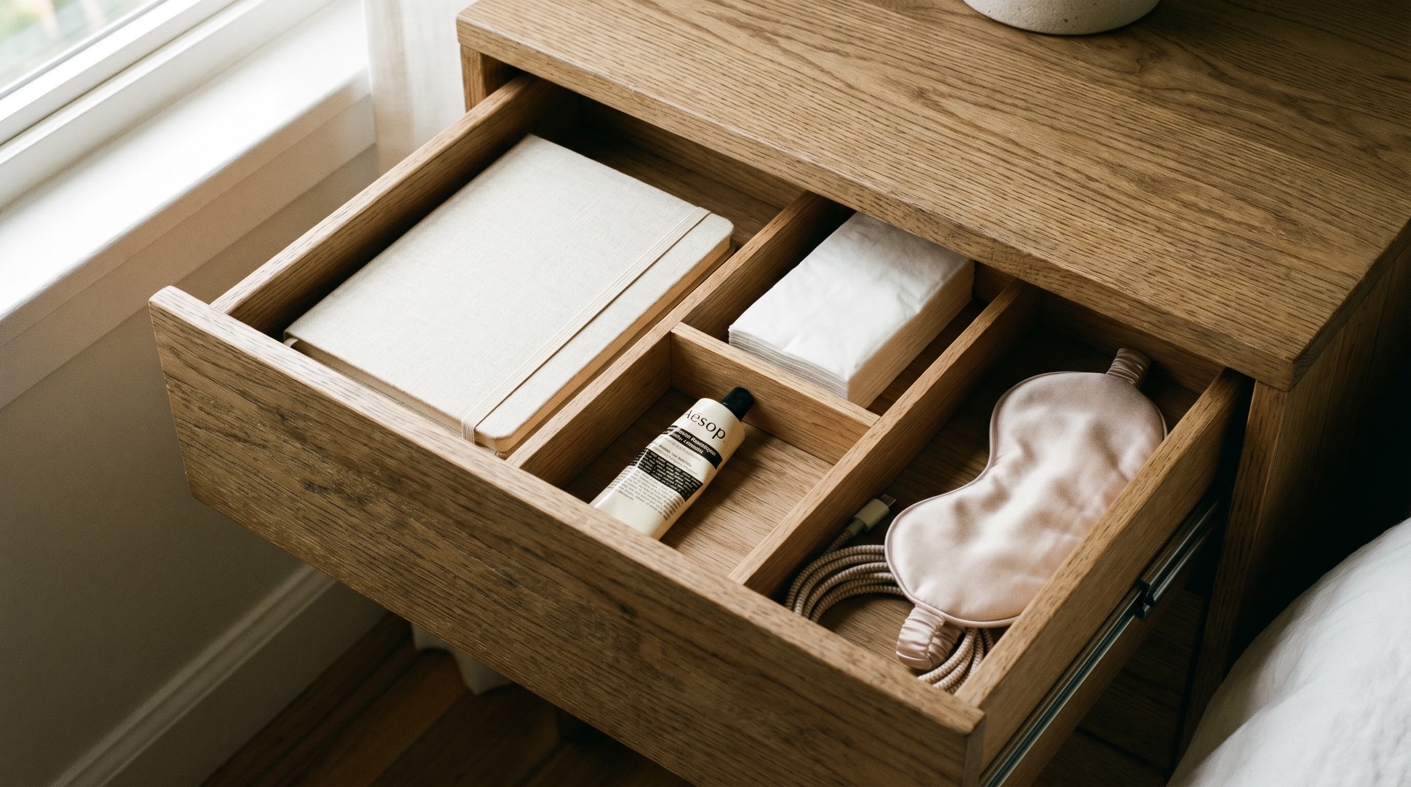 Open nightstand drawer with simple dividers for notebook, charger, and hand cream