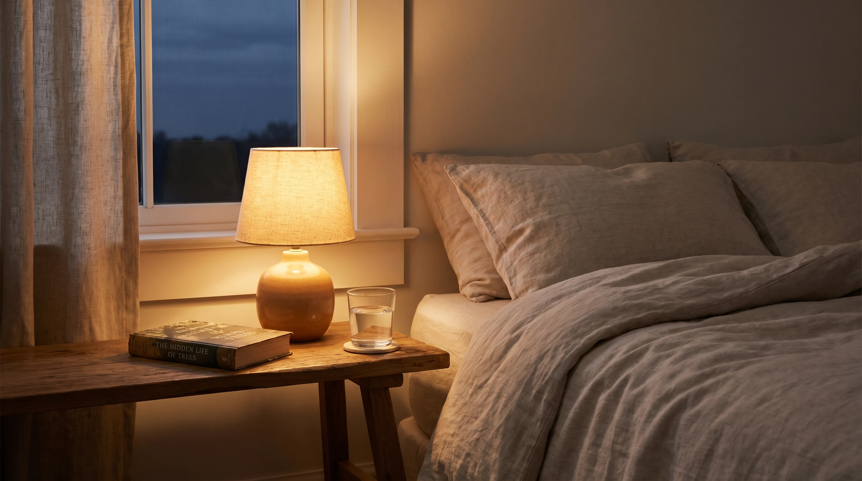 Warm bedside lamp with a book and water glass on a tidy nightstand