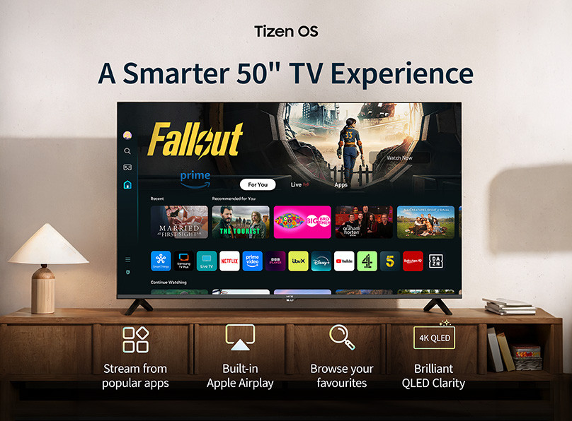 Official HYE 50-inch QLED television shown on a low wooden media console