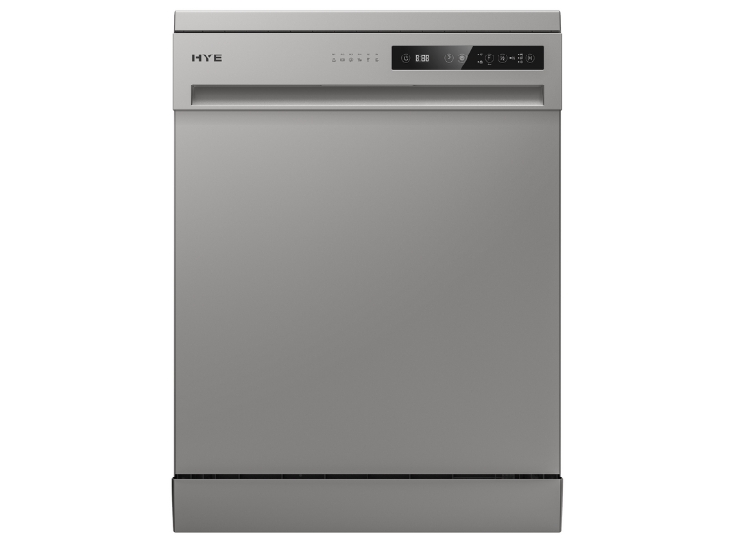 Official front view of the HYE 14-place-setting freestanding silver dishwasher