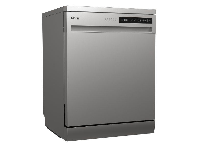 Official angled view of the HYE silver freestanding dishwasher