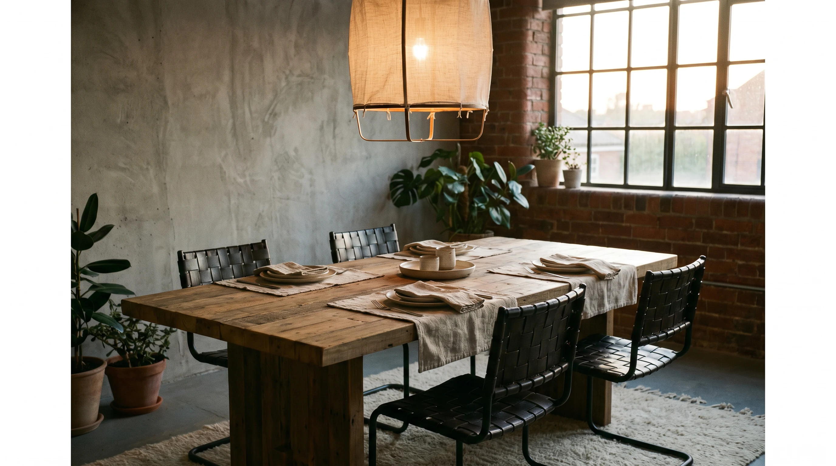 Black dining chairs, warm wood table, and linen textiles in a gentle industrial dining space
