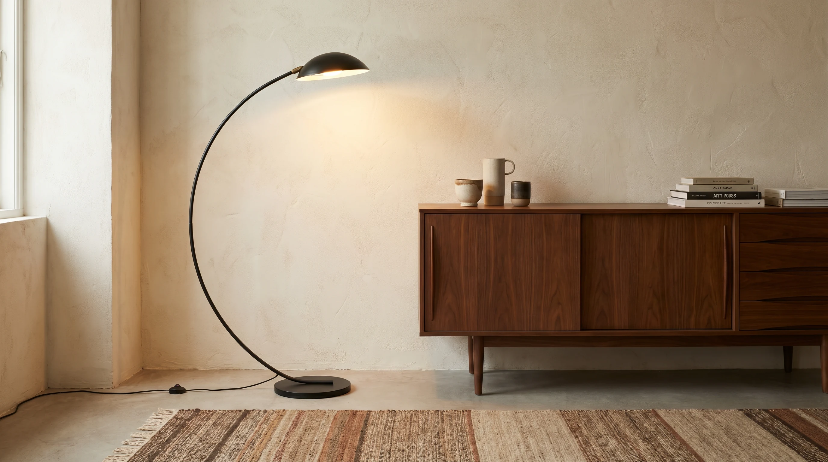 Black metal floor lamp and warm wood sideboard in a softened industrial living room