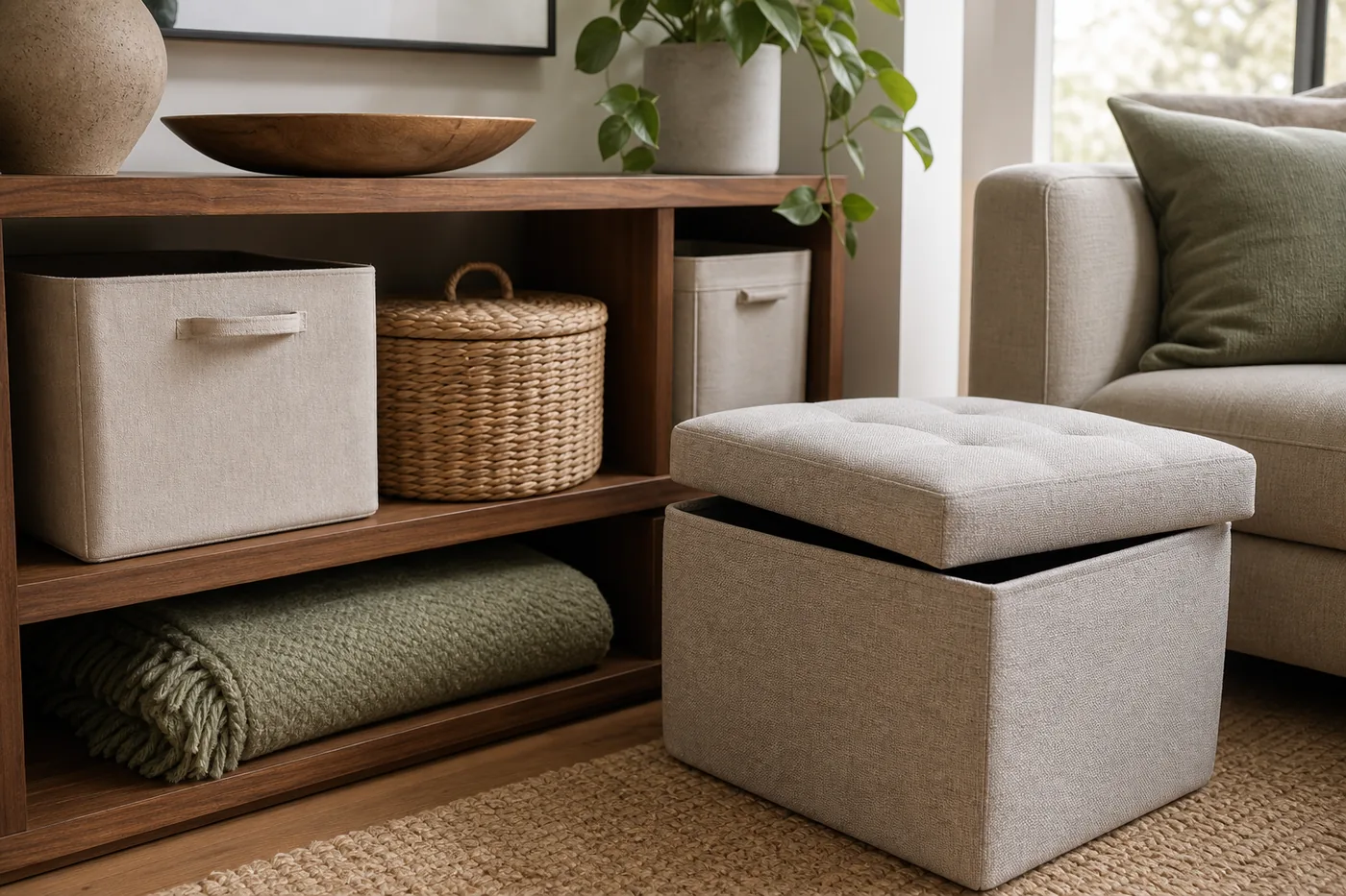 Soft storage pieces in a small living room with a lidded basket, fabric bins, and an upholstered ottoman