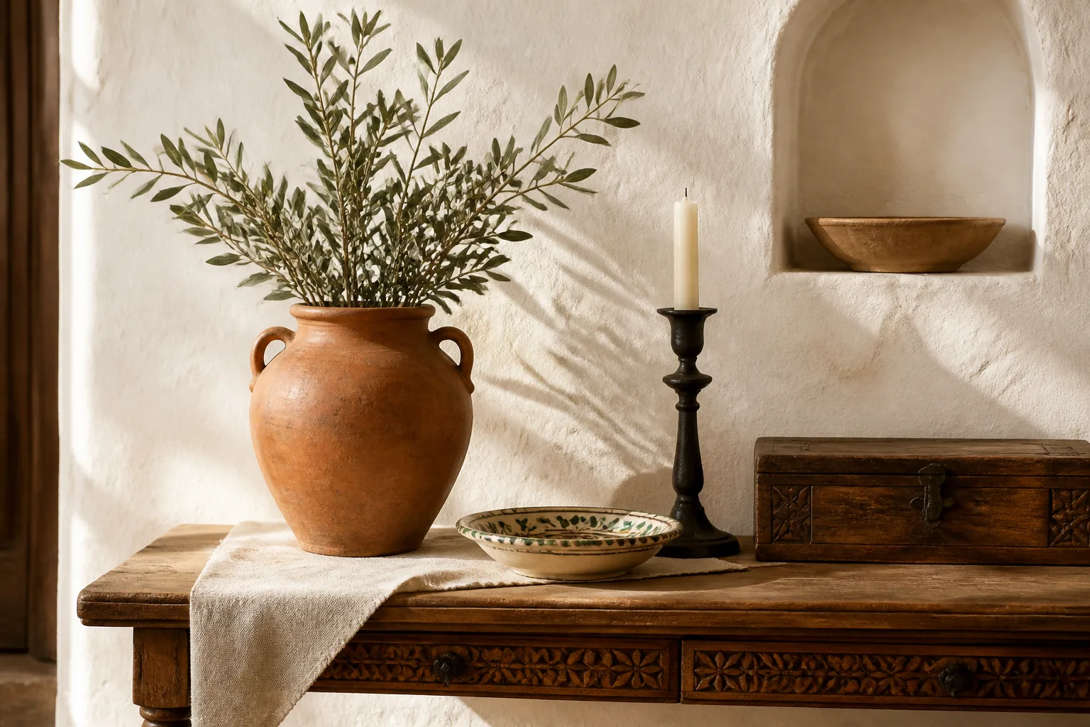 A Spanish style console vignette with plaster, terracotta, dark iron, olive branches, and warm wood