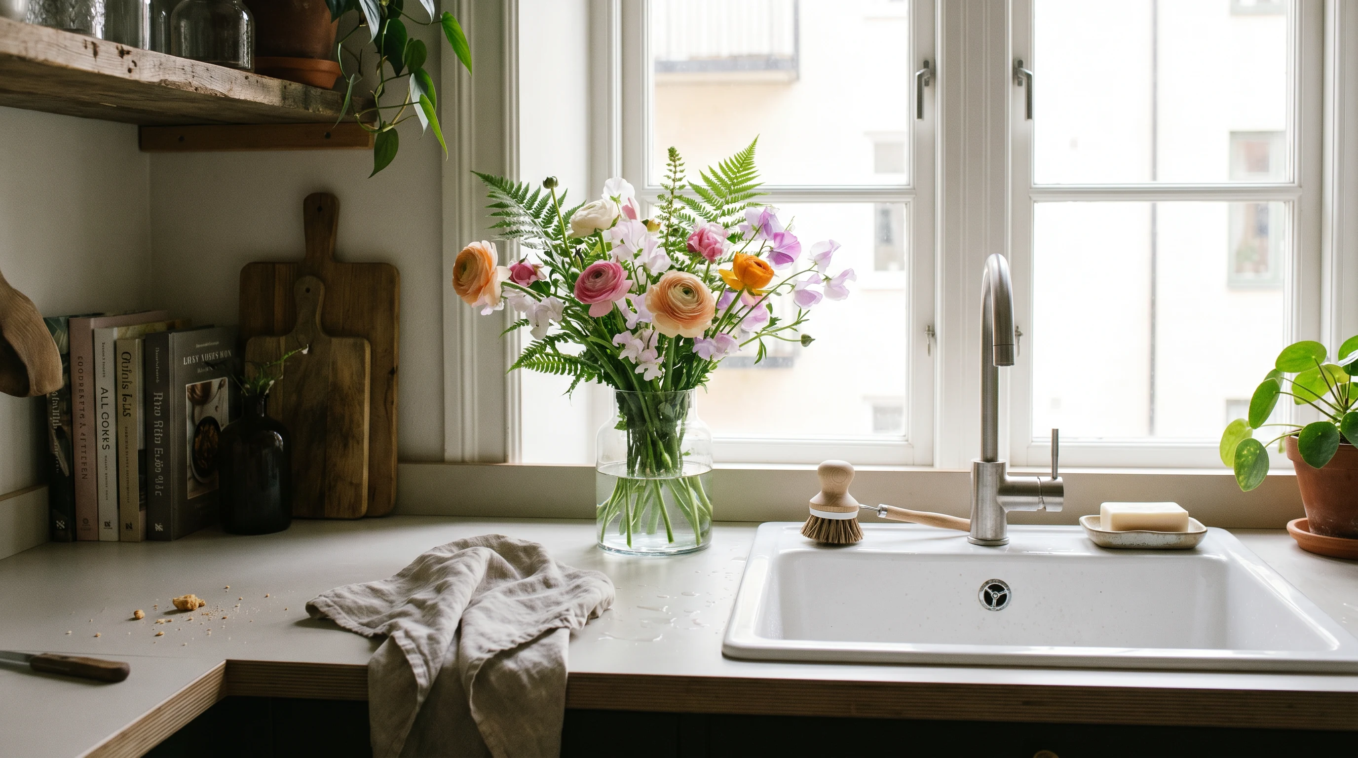 Glass vase of seasonal flowers styled near a sink in a calm kitchen corner