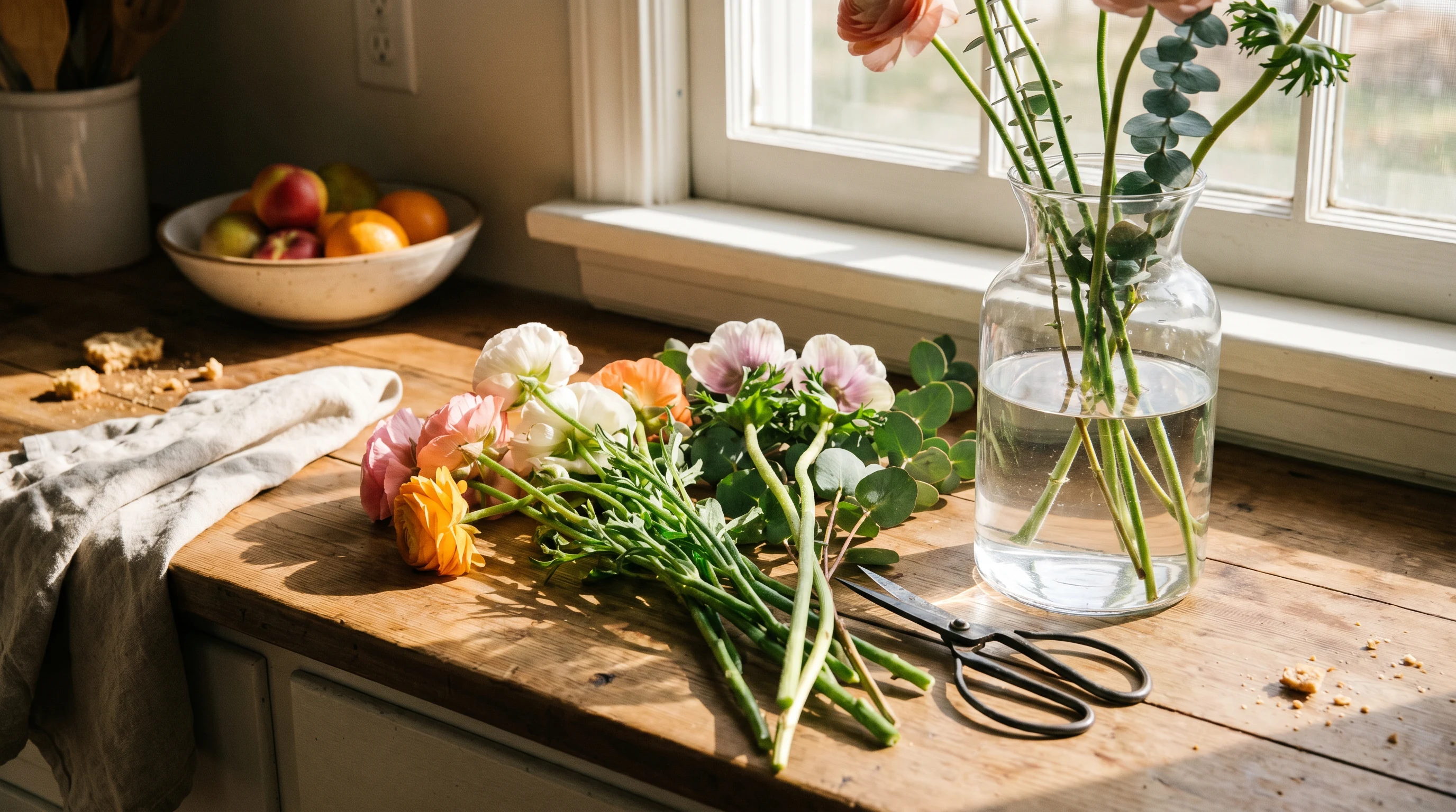 Fresh flowers being trimmed on a bright kitchen counter beside a glass vase