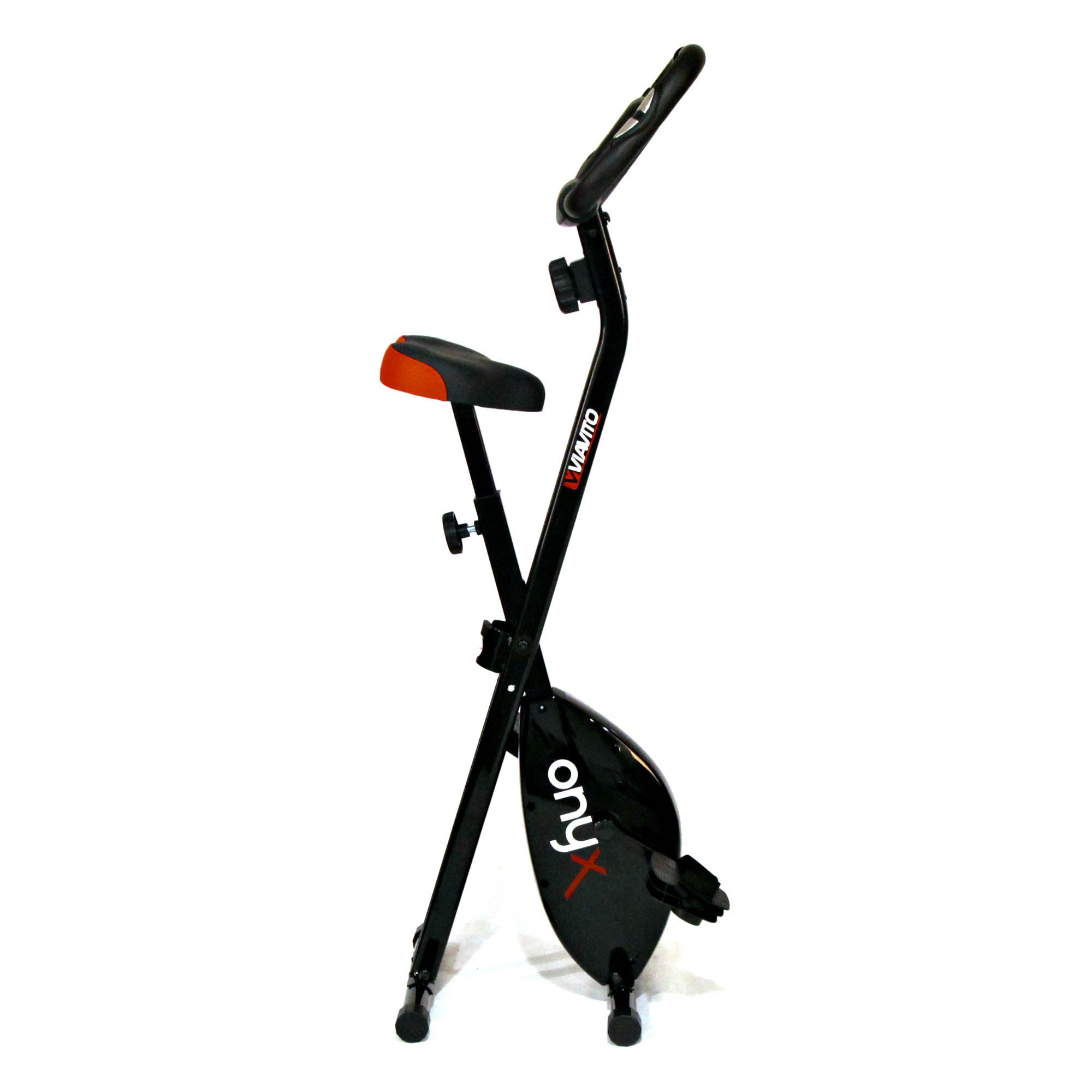 Official folded Viavito Onyx exercise bike showing its storage position