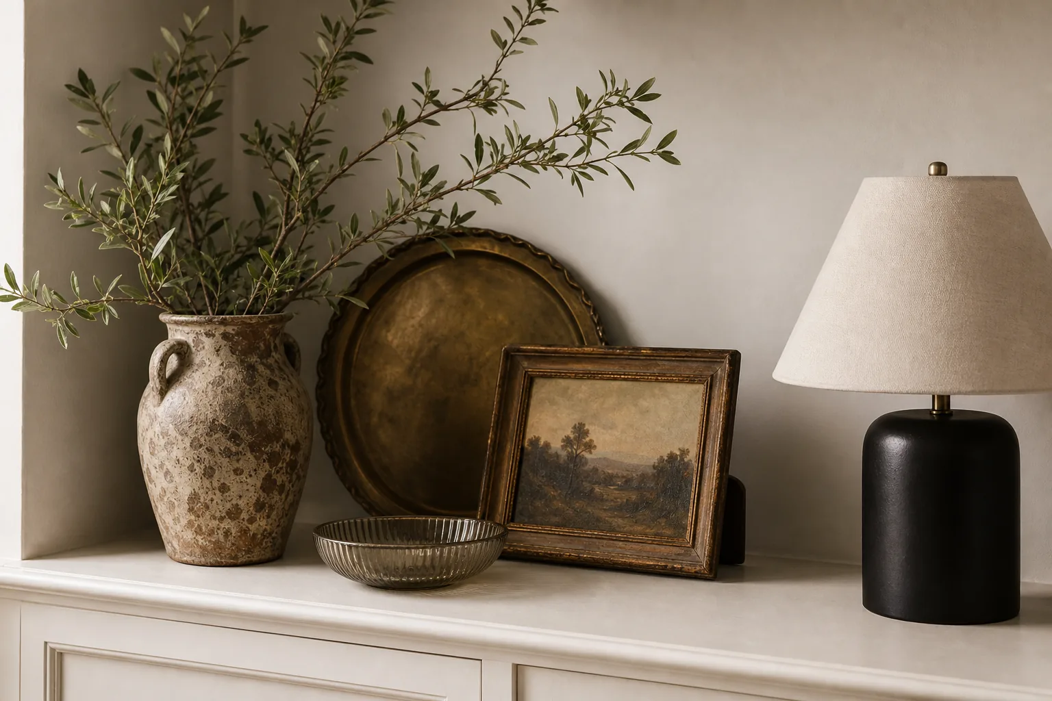 A collected vintage shelf vignette with brass, ceramic, framed art, a modern lamp, and empty space