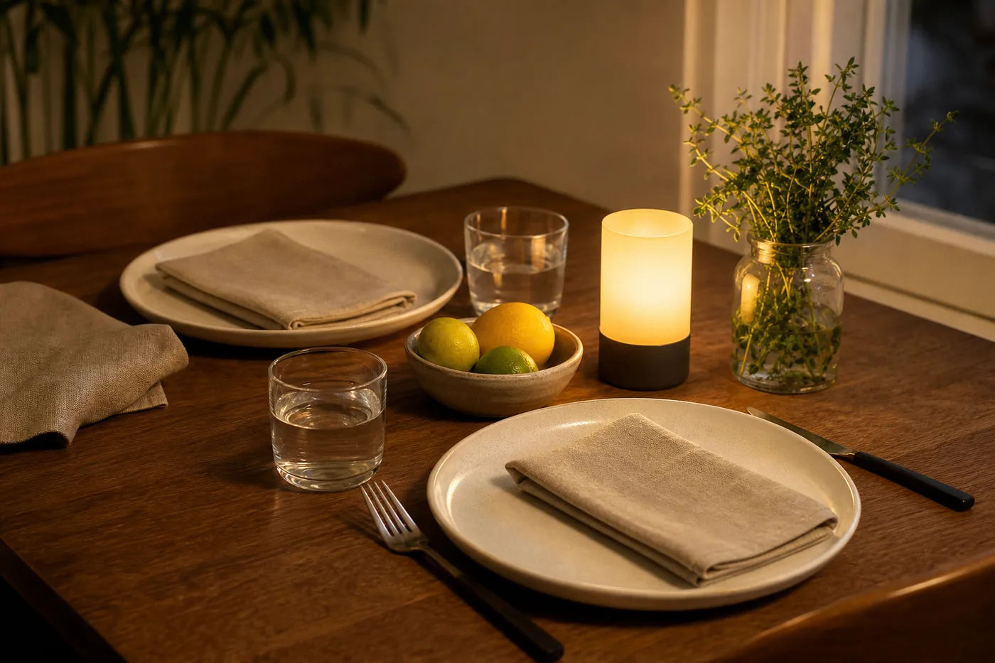 A cleared weeknight dinner table with ceramic plates, linen napkins, warm light, citrus, and herbs