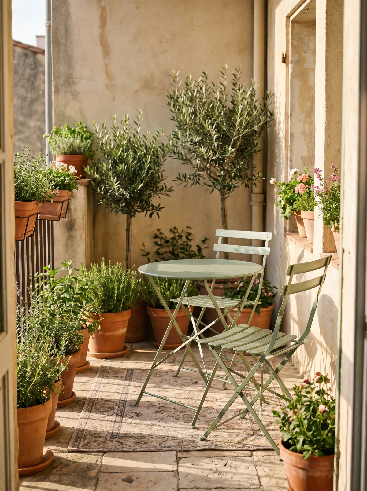Foldable metal bistro set on a balcony