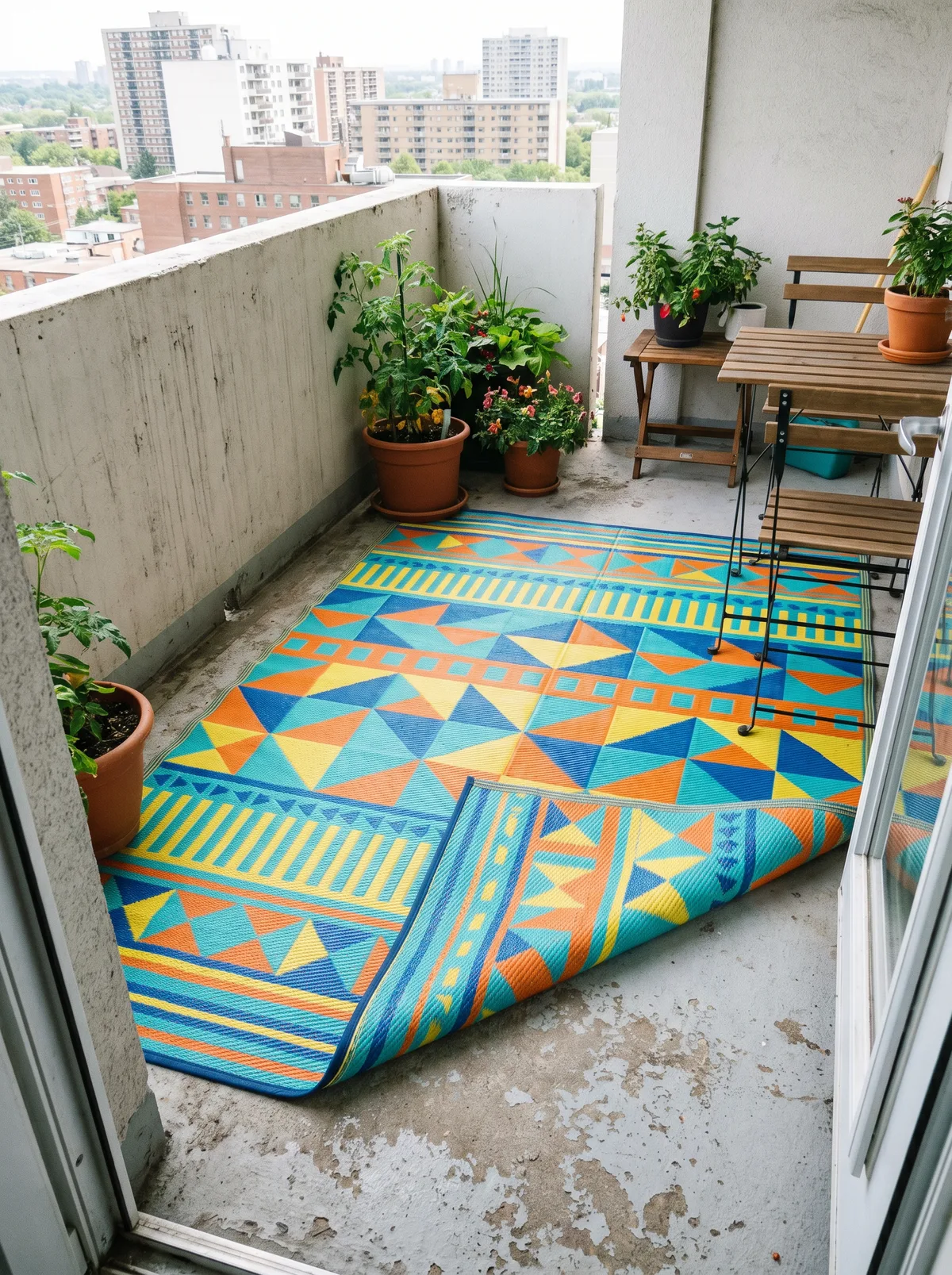 Patterned outdoor rug on a small balcony