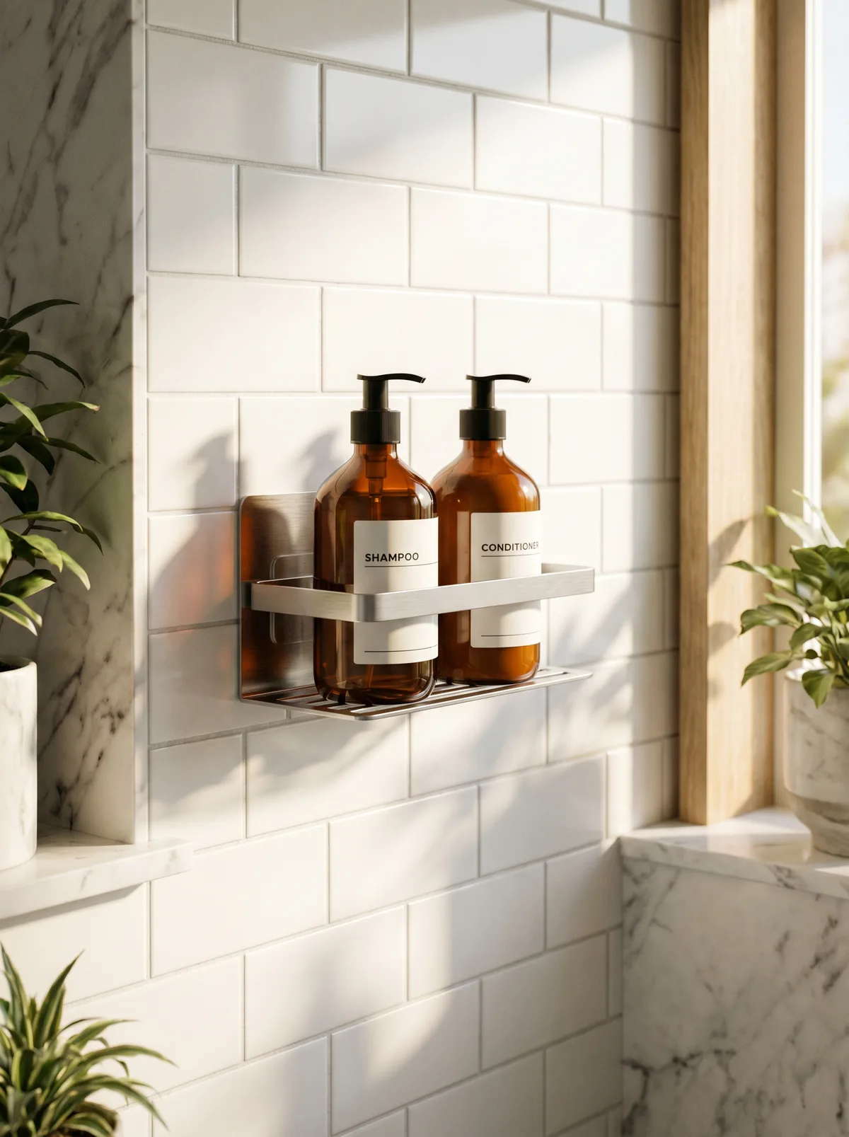 Adhesive shower caddy holding neatly arranged bottles