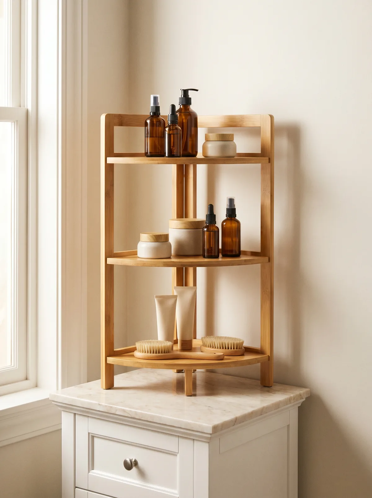 Bamboo tiered bathroom shelf on a small vanity