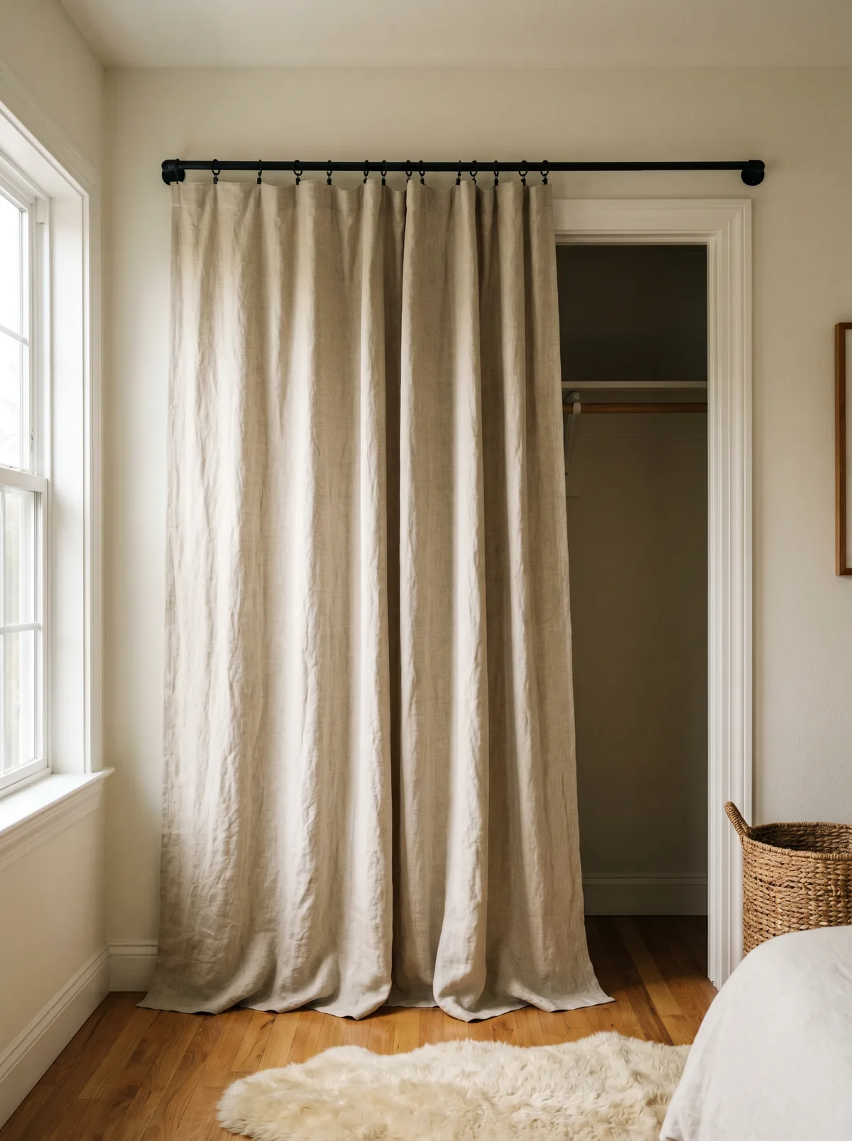 Heavy linen curtain hanging over a closet opening