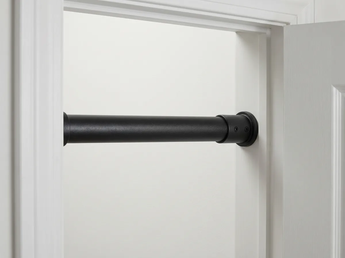 Matte black tension rod in a closet frame