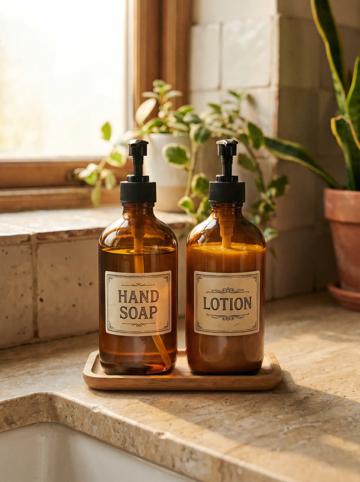 Aesop-style amber pump bottles on a tray