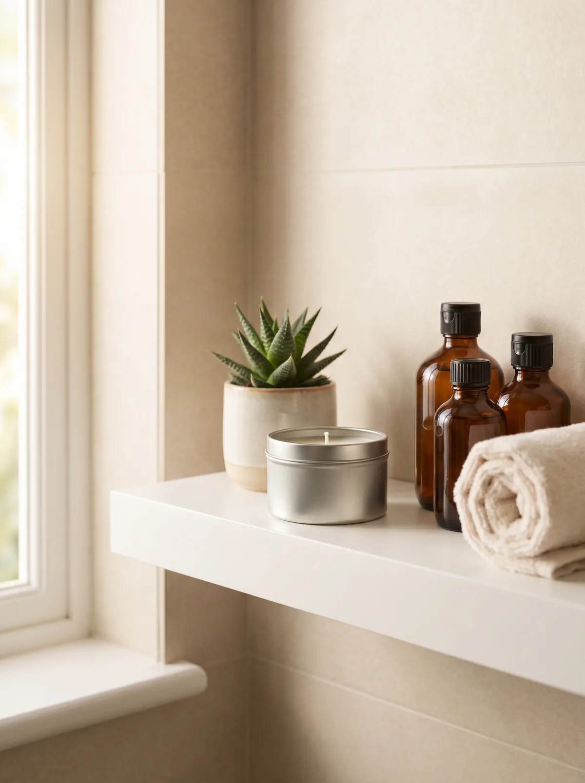 Small tin candle on a bathroom shelf