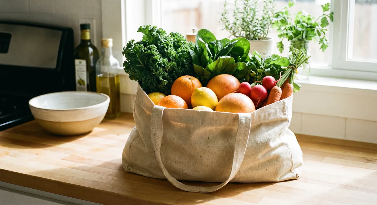 Canvas tote bag filled with fresh produce