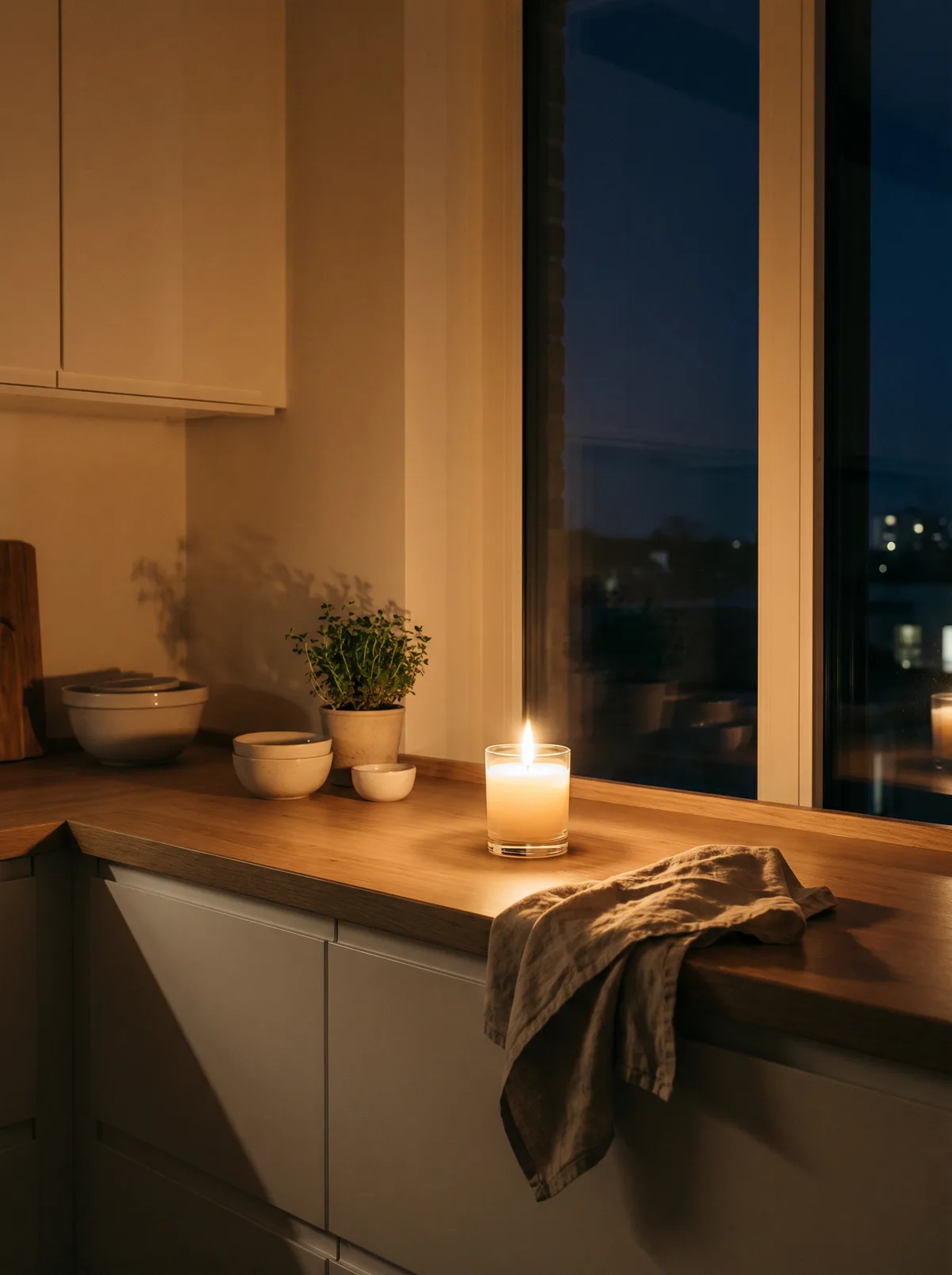 Clean kitchen counter at night with a single lit candle