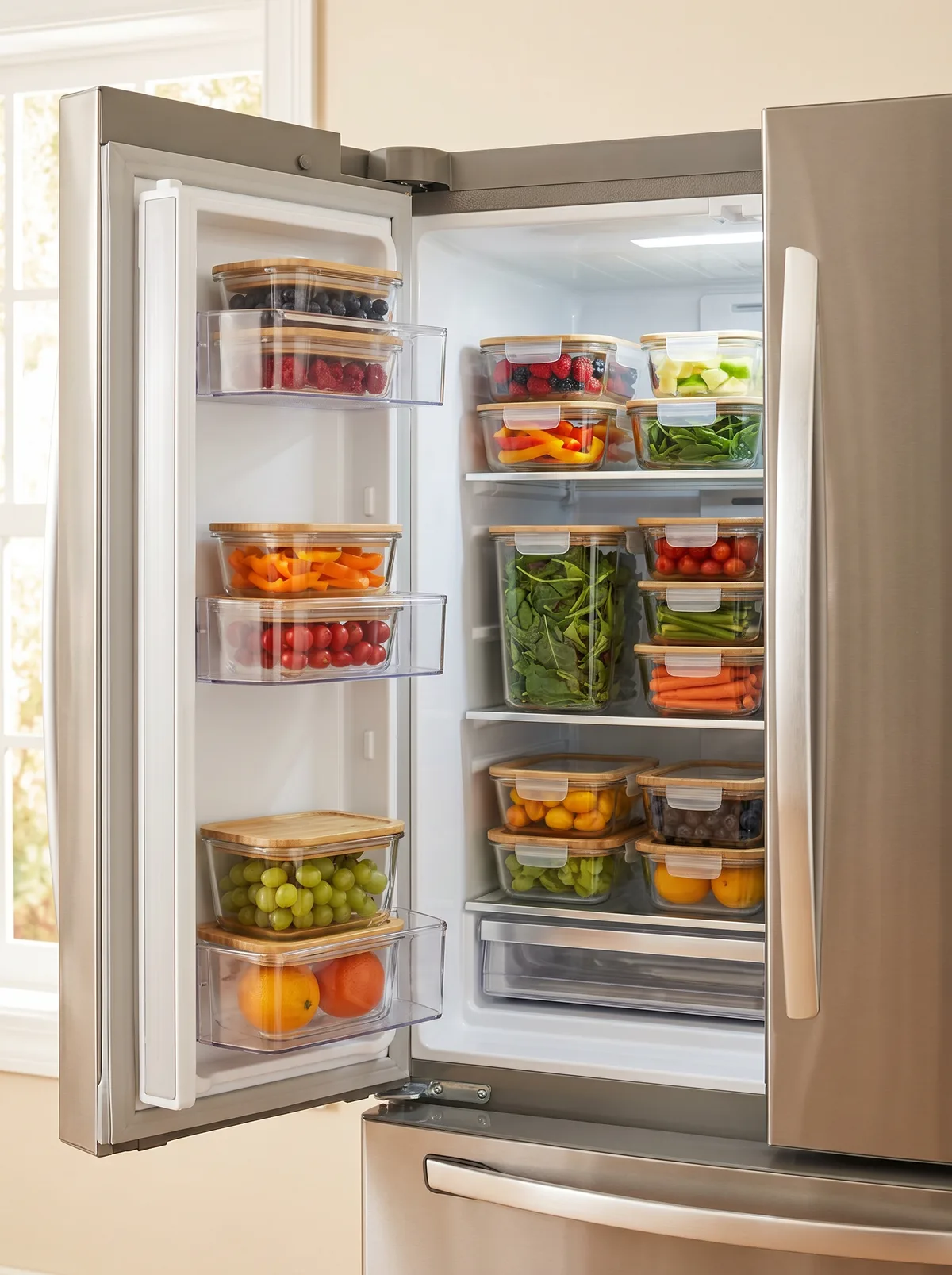Fresh vegetables arranged in glass storage containers