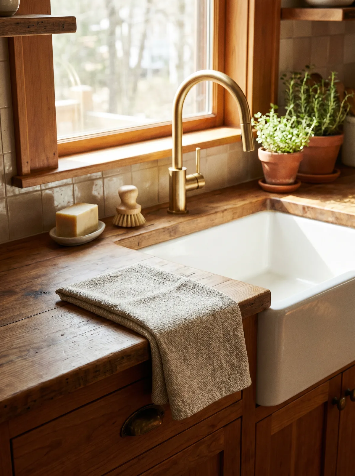 Folded linen dish towel next to a sink