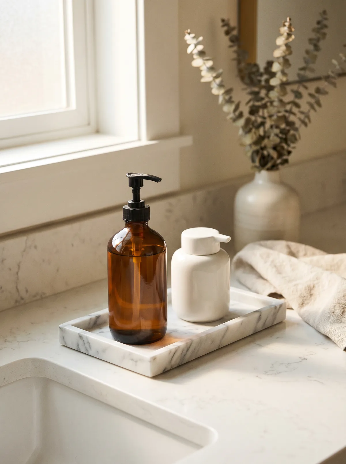 Small marble tray holding hand soap and lotion