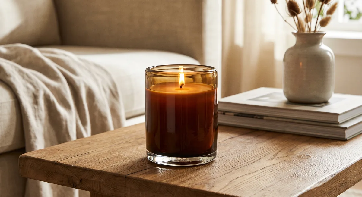 A sophisticated glass candle jar on a coffee table