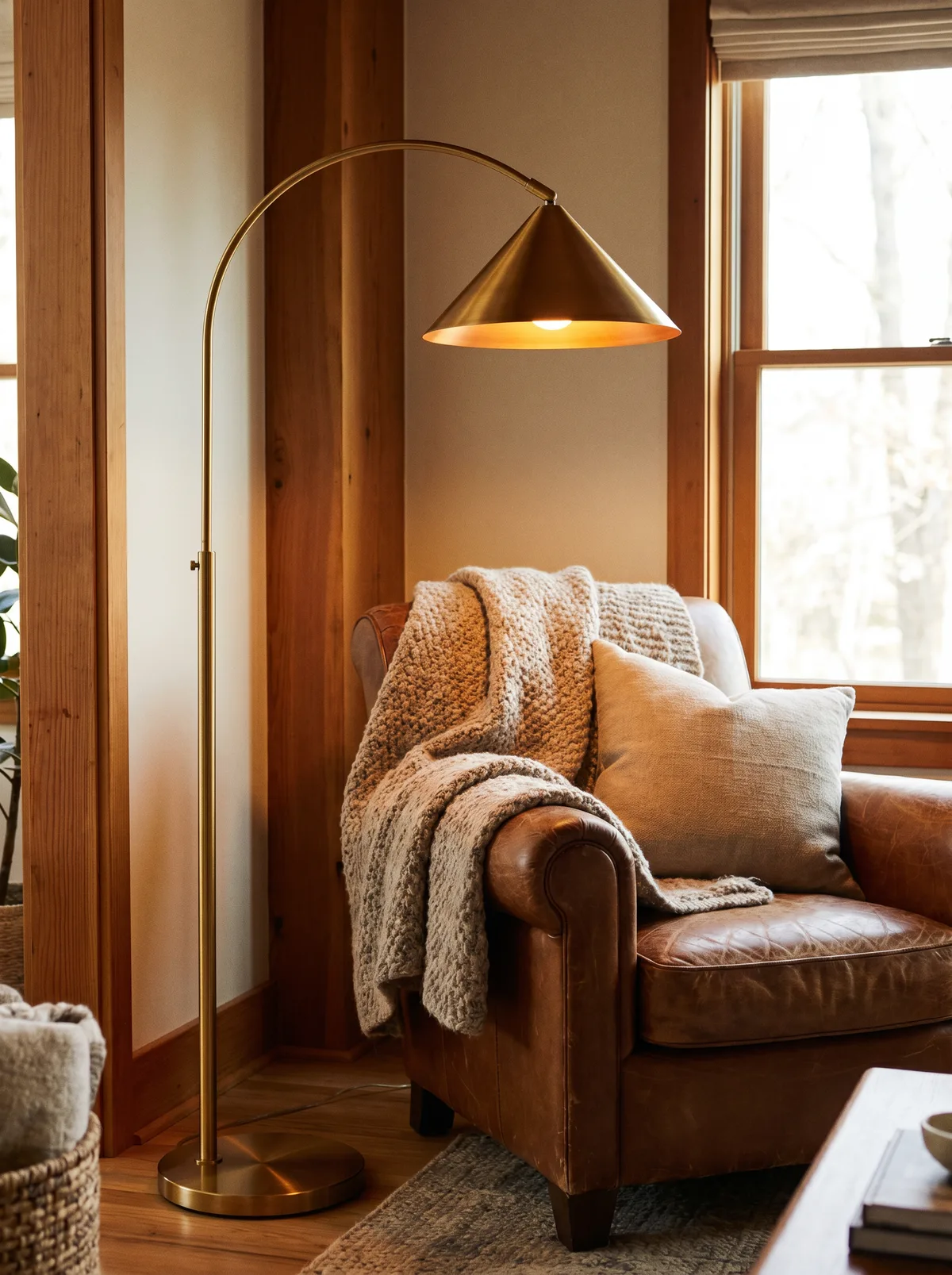 Slim brass floor lamp next to a reading chair
