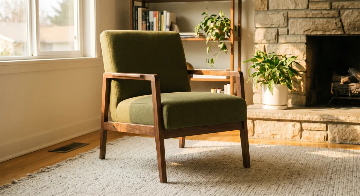 Compact mid-century accent chair in a small corner
