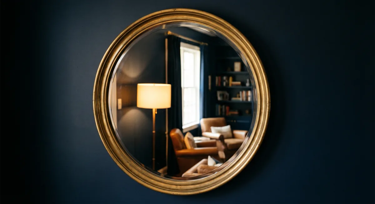 Brass mirror reflecting light against a dark blue wall