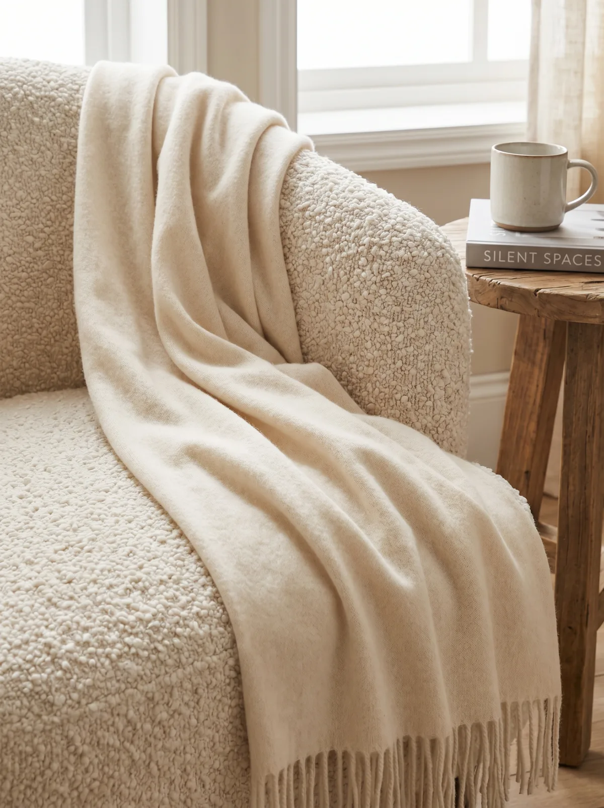 Close up of a cashmere throw on a bouclé chair