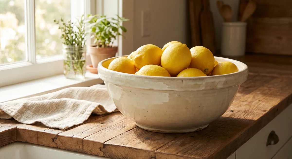 Ceramic bowl filled with fresh fruit on a counter